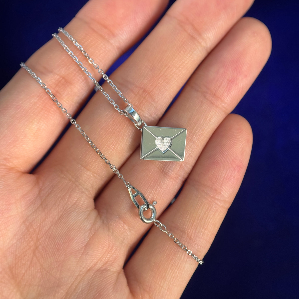 14k White Gold Envelope Charm Engraved with Dangling Bail Custom Pendant and Medium Cable Chain 14k White Gold, 17 inch