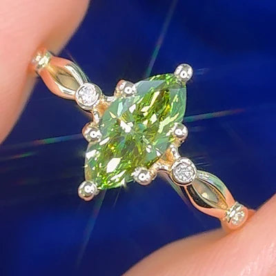 14k Yellow Gold V Prongs Set Marquise Light Green Lab Diamond with Lab Diamonds Custom Engagement Ring