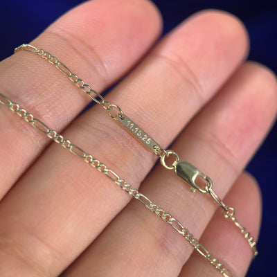 14k Yellow Gold 18inch Figaro Chain with Custom Tag Engraved on top " 11.15.25 "
