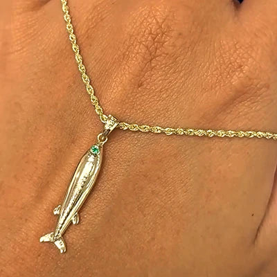 14k Yellow Gold Fish with Emerald Set in the Eye Custom Pendant