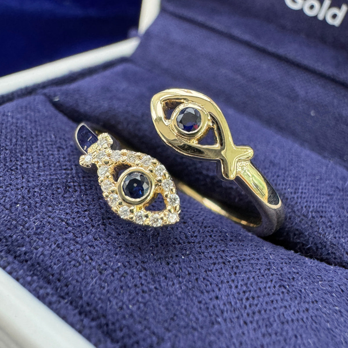14k Yellow Gold and 2pc 2mm Blue Lab Sapphire and Pave Lab Diamonds Fish Open Ring, size 8