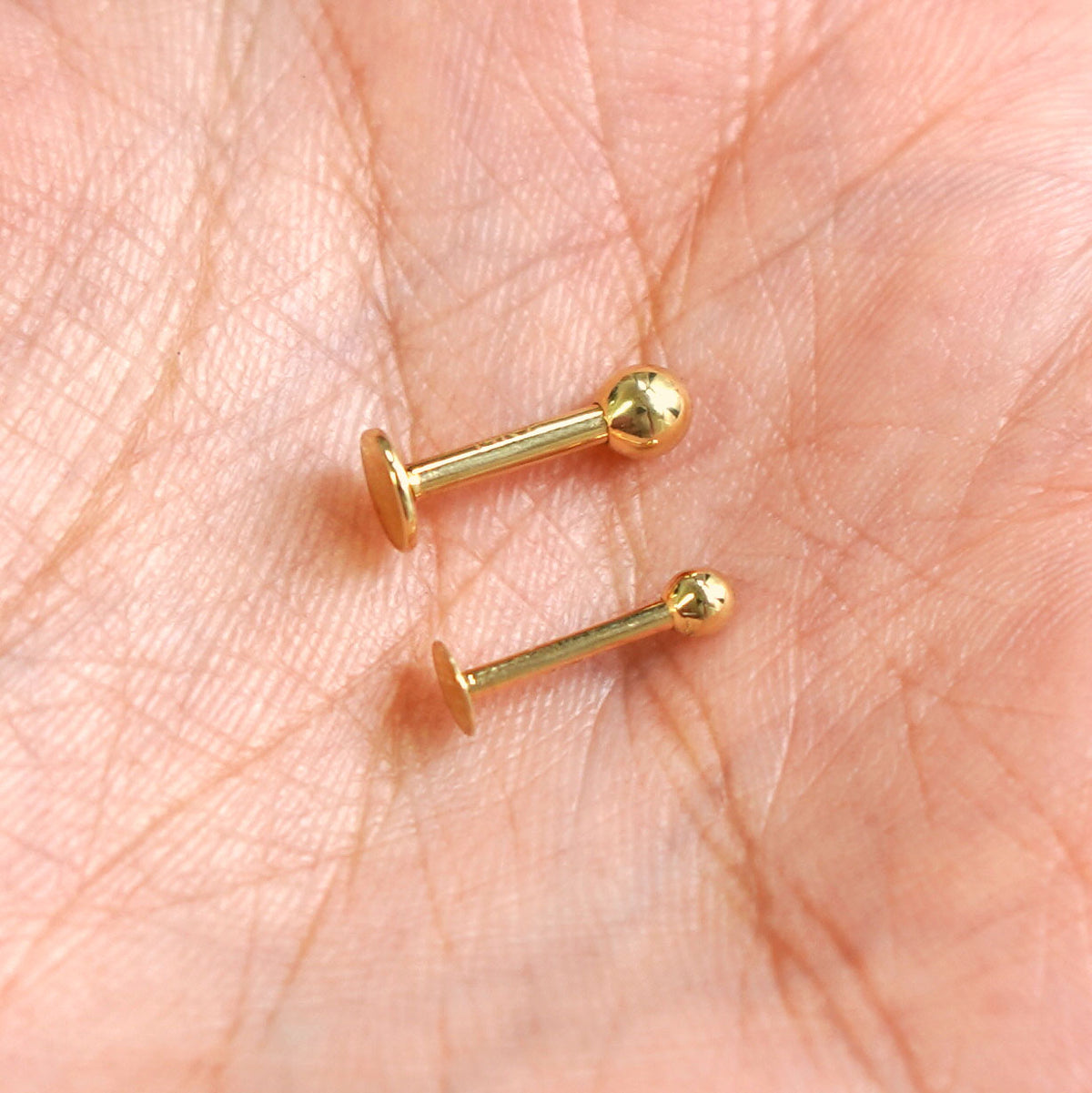 Small and Large Labret Piercings shown next to each other for size comparison in a model's hand