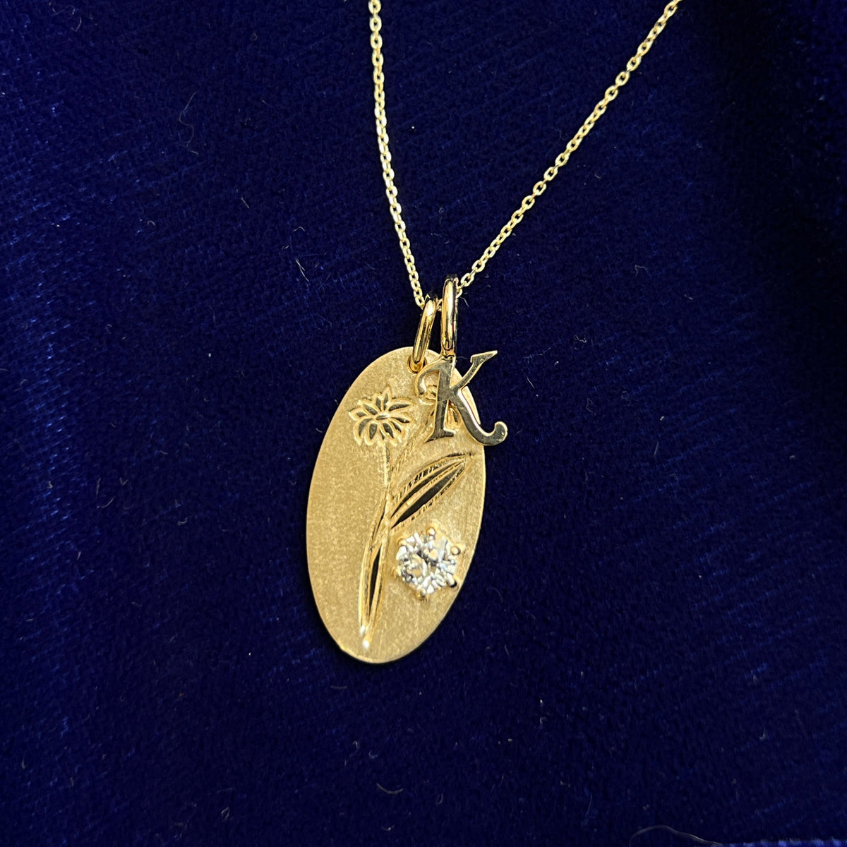 14k Yellow Gold and 0.30ct Round Diamond Daisies Oval Custom Pendant with K initial Charm on 17" Cable Chain
