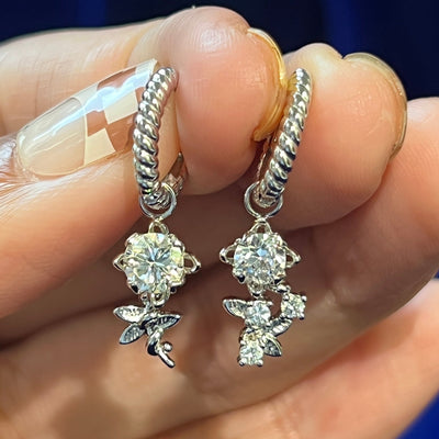14k White Gold Diamond Flowers with Stem on Small Rope Hoops Custom Dangle Earrings Pairs