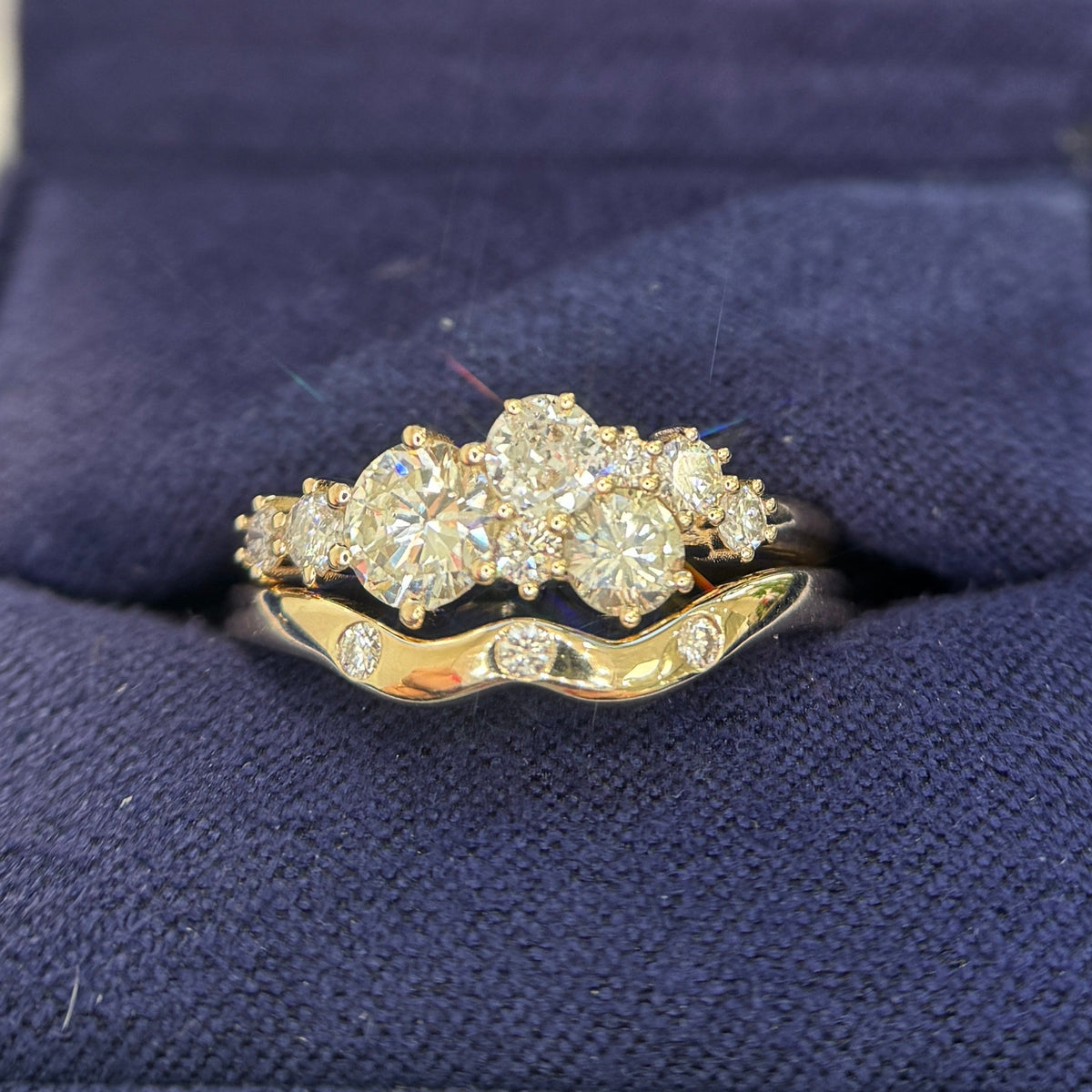 14k Yellow Gold Flush-set 3pc Diamonds on Custom Nesting Band for Clients ring, Size 7.75