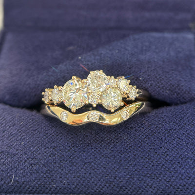 14k Yellow Gold Flush-set 3pc Diamonds on Custom Nesting Band for Clients ring, Size 7.75
