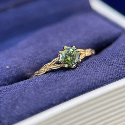 14k Yellow Gold and Petal-set 5mm Forest Green Round Moissanite on Leaves Tapered Band Custom Ring, size 4