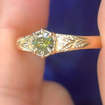 14k Yellow Gold with 6-claw-prong-low-set 5mm Forest Green Round Moissanite on Leaves Tapered Band from 6mm to 3mm Custom Ring, 6 grams, size 7.75