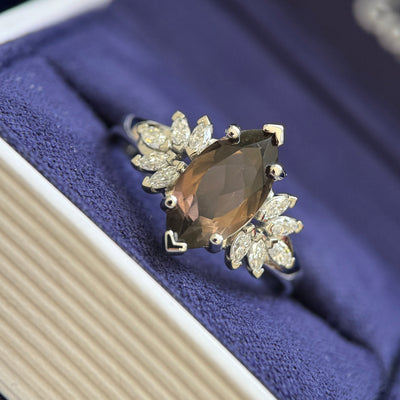 950 Platinum and 1.5ct 12x6mm Marquise Brown Topaz with 10pc Marquise Lab Diamonds on 2mm Band Custom Ring, size 6