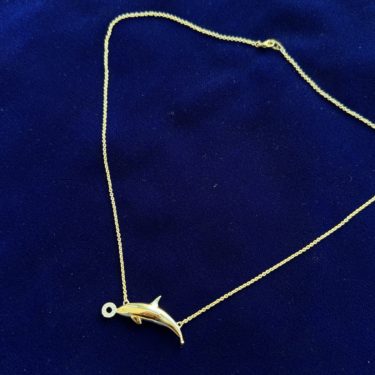 full view of 14k Yellow Gold Pave Diamond Ball Holding 30mm Orca and 14k White Gold Belly on 16" Thick Cable Chain Custom Necklace