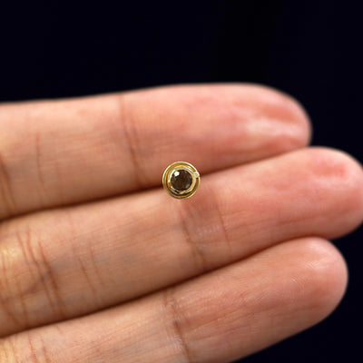 A solid 14k yellow gold Coffee Cup Earring in between a model's fingers