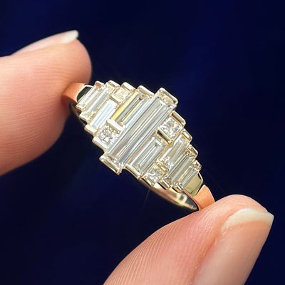 14k Yellow Gold and Half-bezel-set 1.20ctw Baguette and Princess Lab Diamonds Tapered on Mix Mirror Band Custom Ring, size 9