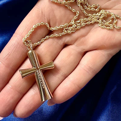 14k Yellow Gold Cremation Holding Cross 1.5 Inches Tall Custom Pendant with Rope Chain