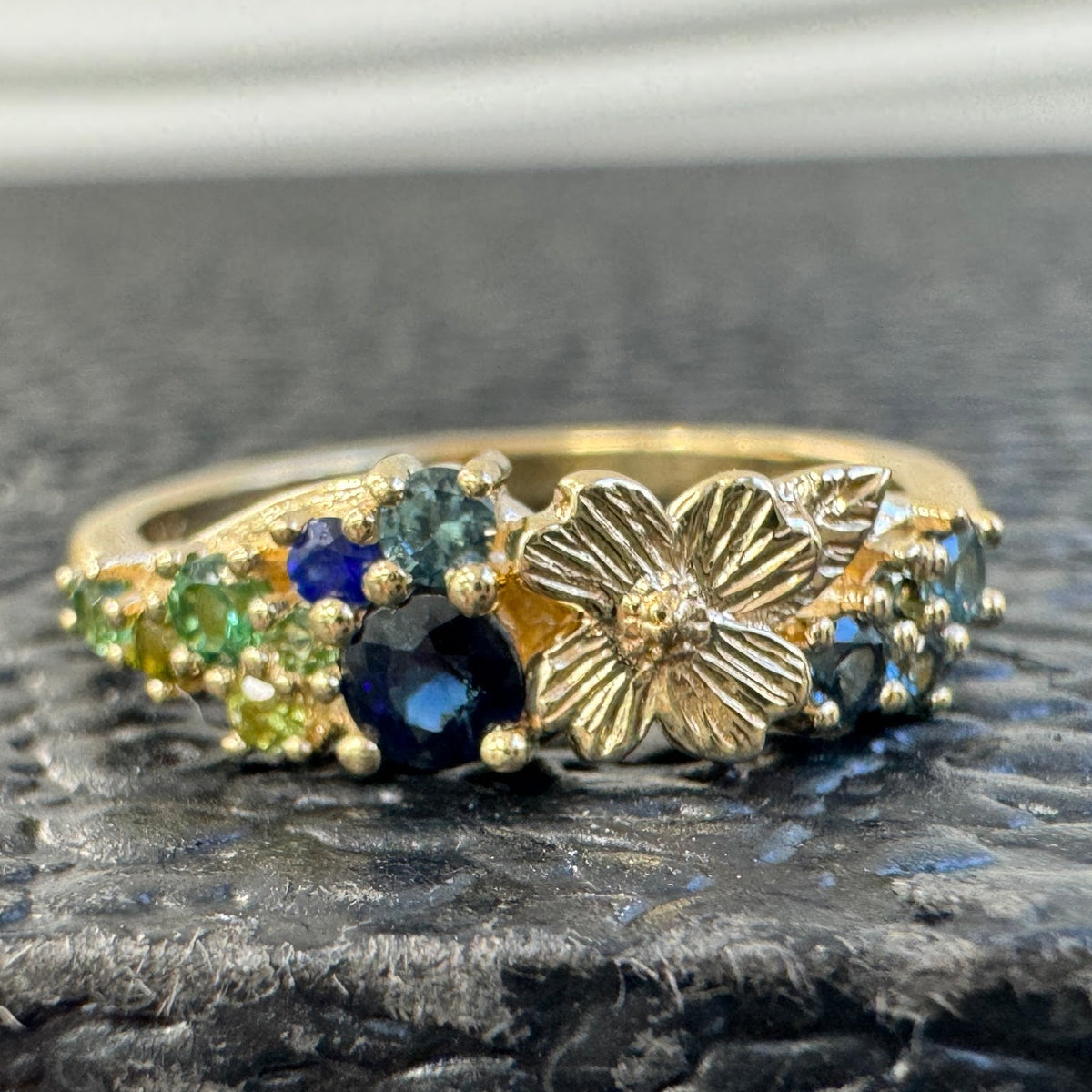 14k Yellow Gold Round Green and Blue Sapphires Cluster with Dogwood Flower and Leaves Custom Engagement Ring
