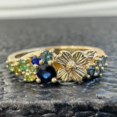 14k Yellow Gold Round Green and Blue Sapphires Cluster with Dogwood Flower and Leaves Custom Engagement Ring