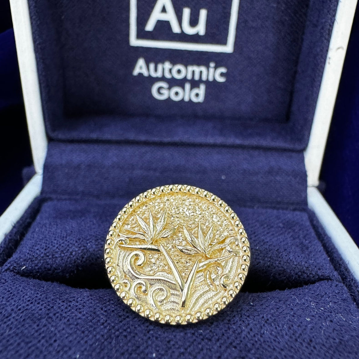 14k Yellow Gold 14mm Wide Round Lowered Signet with Embossed Birds of Paradise Custom Ring