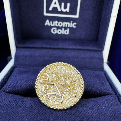 14k Yellow Gold 14mm Wide Round Lowered Signet with Embossed Birds of Paradise Custom Ring