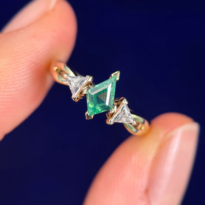 14k Yellow Gold Custom-cut Hexagon Green Lab Sapphire and 2pc Triangle Moissanites on Twisted Band, Size 5.5