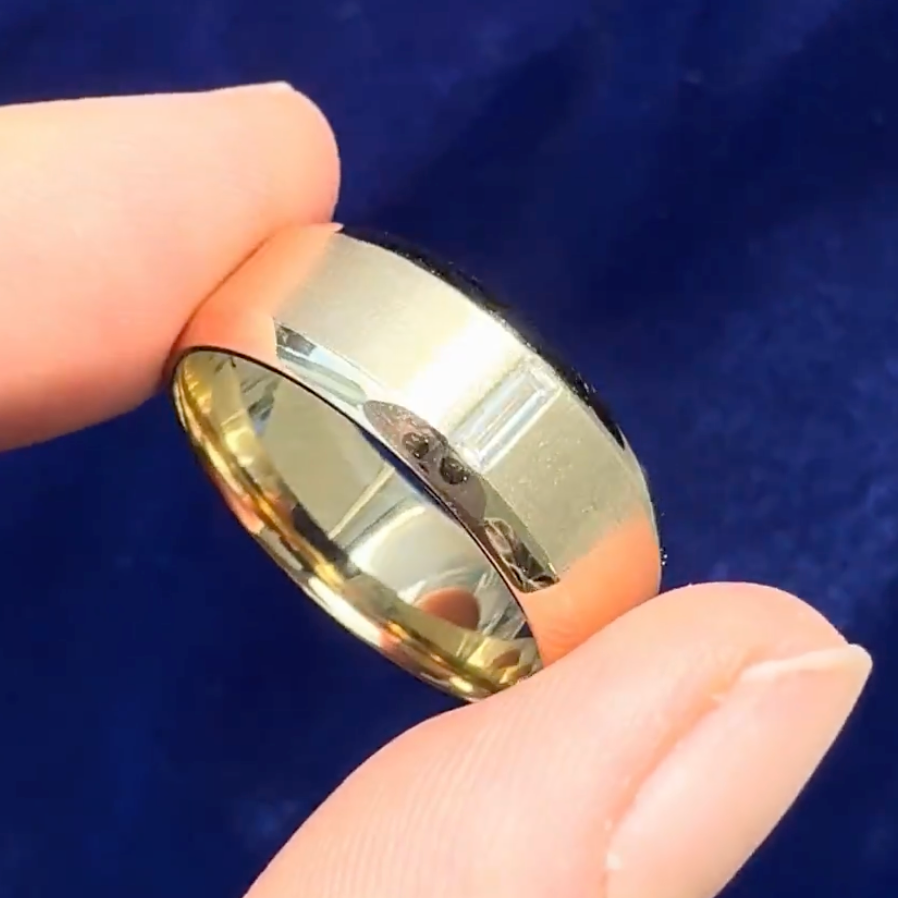 14k Yellow Gold 4x2mm Baguette Lab Diamond on 6mm Matte Custom Beveled Edge Band