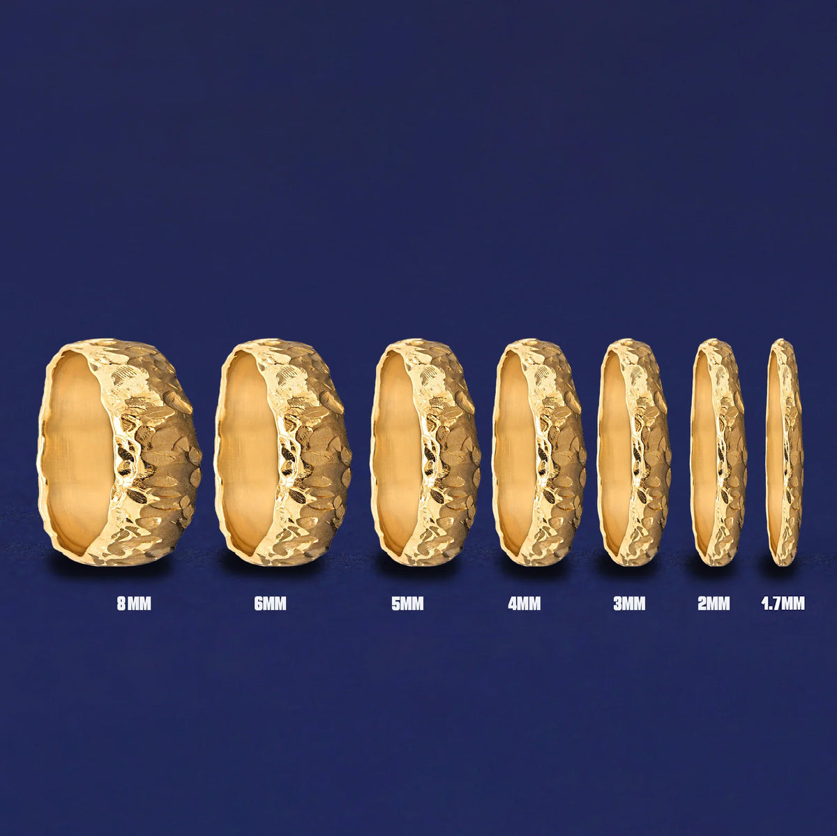 Seven versions of the Organic Band showing the different thickness options of the ring from 8mm to 1.7mm
