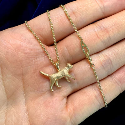 14k Yellow Gold Half 3D Striding Cat Pendant Charm on 20 Inch Thick Cable Chain Custom Necklace