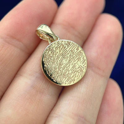 14k Yellow Gold 16mm Disk with Copy of Nose and Hair Print Engraved  Custom Pendant