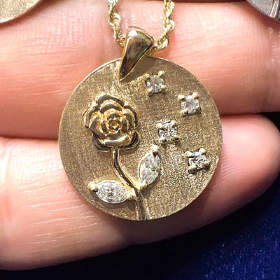 14k Yellow Gold Rose and Stars Diamonds Custom Pendant