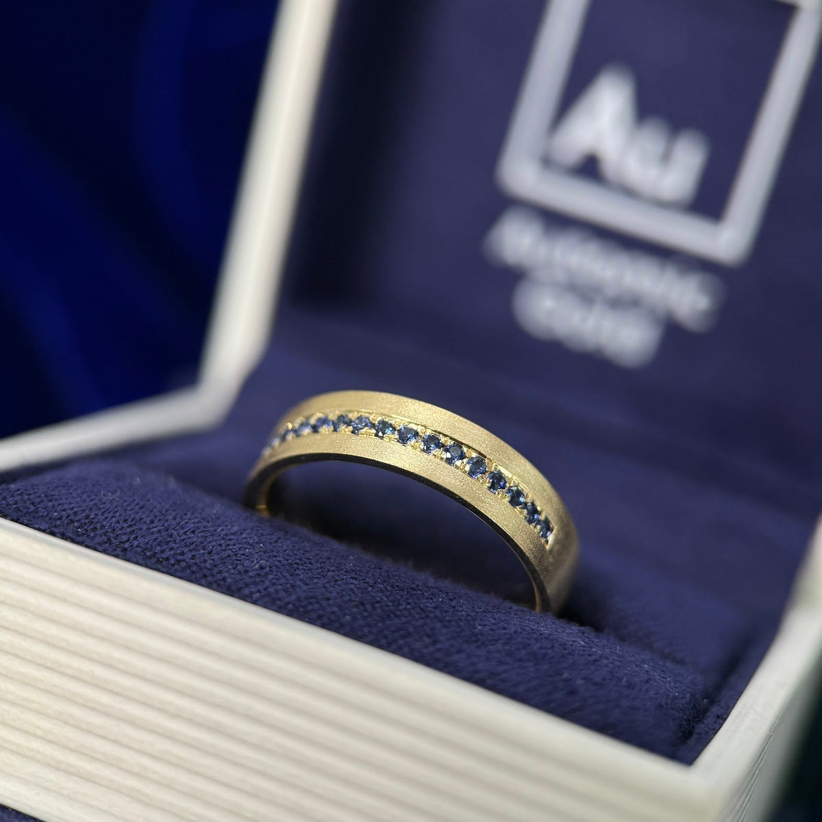 14k Yellow Gold Dark Blue Sapphires Endless Band Custom Ring
