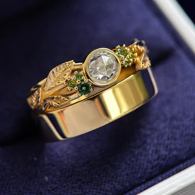 14k Yellow Gold Rose Cut Moissanite with Cluster of Small Green Sapphires Custom Ring Set Size 7