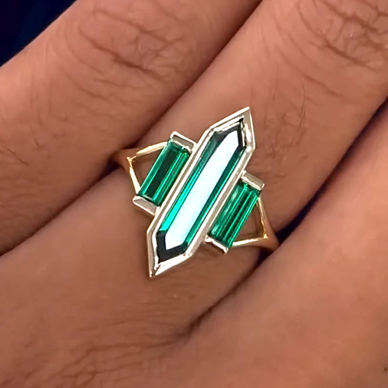 14k Yellow Gold Long Hexagon and Baguettes Lab Emerald Trio with Split Shank Band Custom Ring