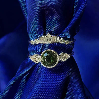 14k White Gold 0.80ct Tourmaline with Pear Ring and Baguette with Round Diamonds Nesting Band Custom Set