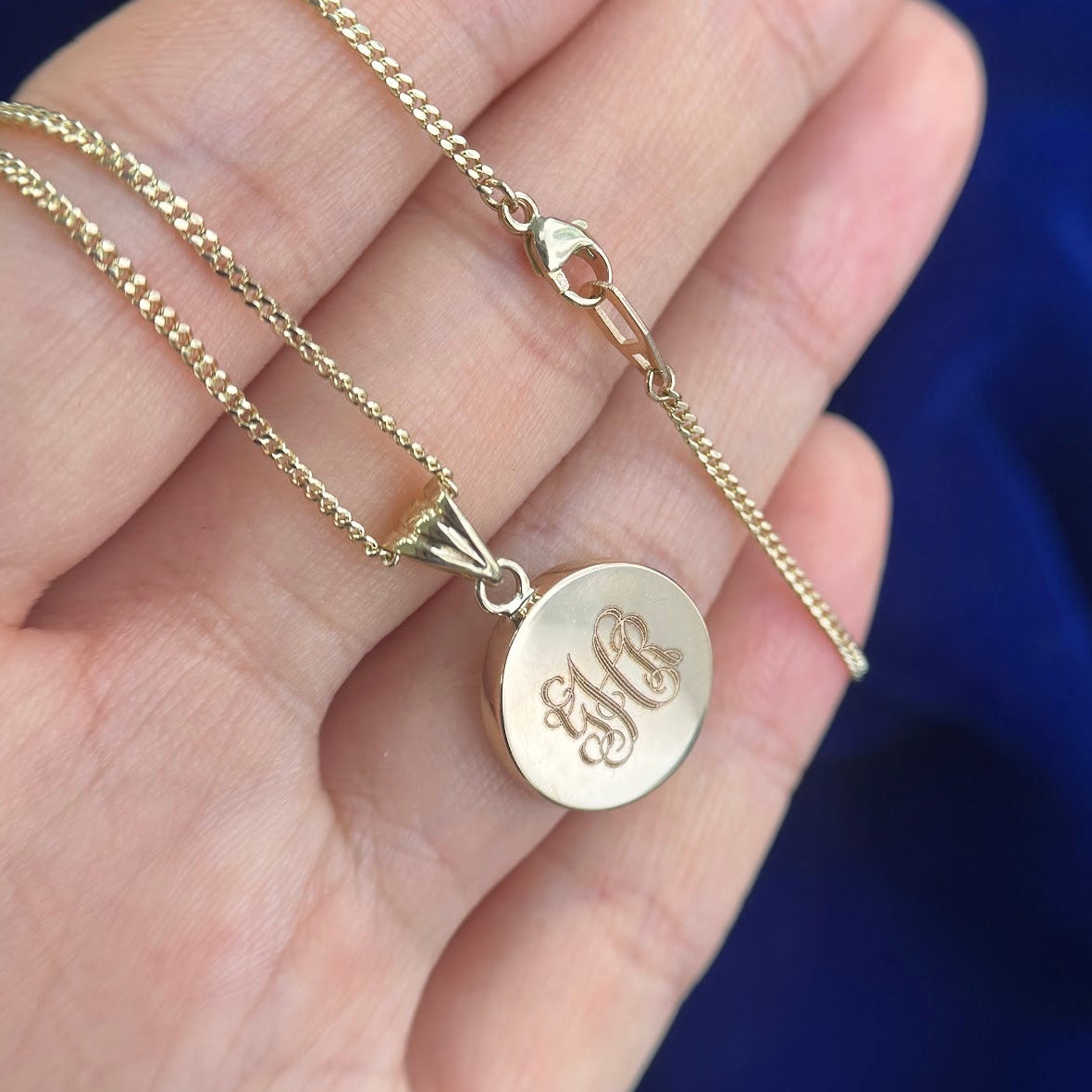 14k Yellow Gold 15mm Width Engraved in Monogram Style Disk Urn Custom Pendant