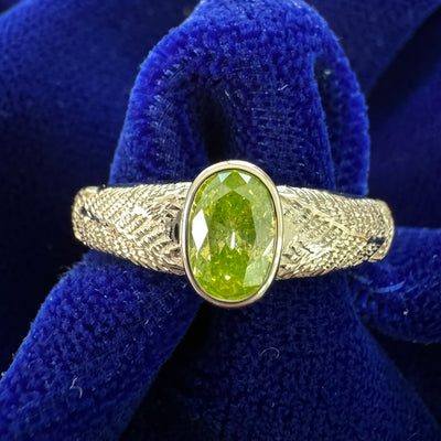 14k Champagne Gold and Bezel-set 1ct Oval Neon Lime Green Natural Diamond on 6-2mm Tapered Pine Band Custom Ring, size 7