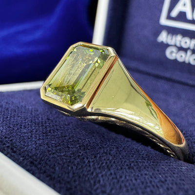 14k Yellow Gold Bezel-set Custom-grown 8x6mm Emerald-cut Green Lab Diamond on Filigree Band Vintage-inspired Custom Ring in a blue ring box