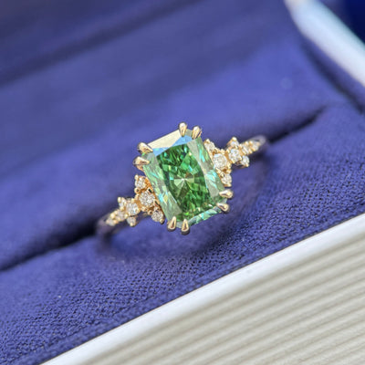 14k Yellow Gold and Low-set 4-double-claw Custom-grown Green 1ct Radiant Lab Diamond with Cluster Small Round Clear Lab Diamonds on 1.6mm Round Comfort-fit Band Custom Ring, size 5.25