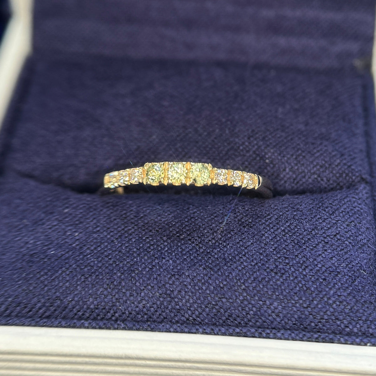 14k Yellow Gold 3pc Green Sapphires with 6pc 1.5mm Diamonds on 1.7mm Mix Mirror Band, Custom Ring, Size 5.25