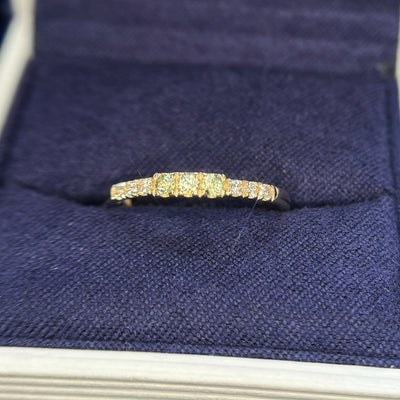 14k Yellow Gold 3pc Green Sapphires with 6pc 1.5mm Diamonds on 1.7mm Mix Mirror Band, Custom Ring, Size 5.25