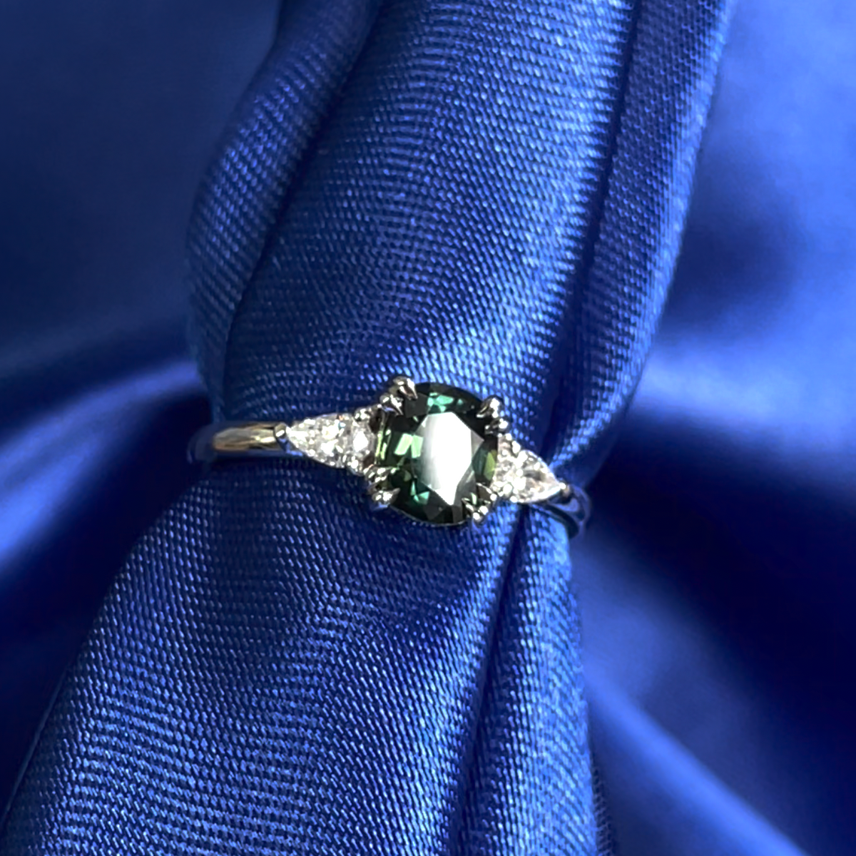 14k White Gold and 8 claw prongs Cushion Green Sapphire with Pear Diamonds Custom Ring