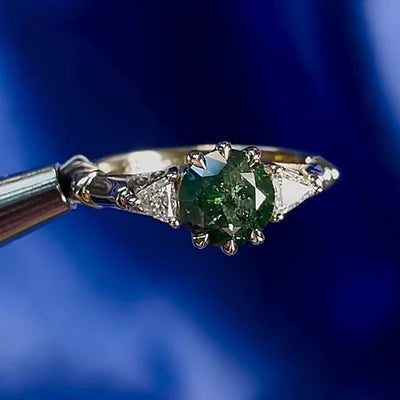 14k White Gold Claw Prongs Set Round Green Salt-and-pepper Diamond with Two Side Trillion 0.18ct Diamonds Custom Engagement Ring