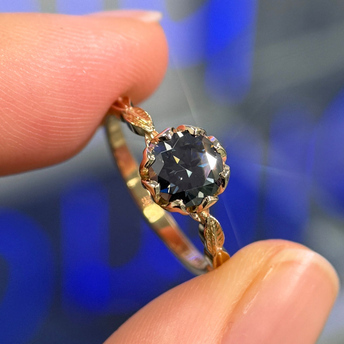 14k Yellow Gold and Petal-prongs-set 6mm Round Grey Moissanite on Leaves Band half way around Custom Ring, size 4.75