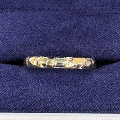 14k Yellow Gold Hammered 3mm Curvy Band Custom Ring with 2mm width Piece of polished 950 Platinum, size 6.25