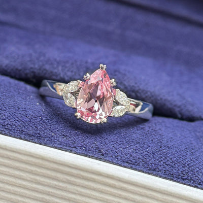 14k White Gold Heart-Prongs 7x5mm Beige Pink Lab Sapphire and Marquise Lab Diamonds on 2.5mm Mix Mirror Band Custom Ring Size 4