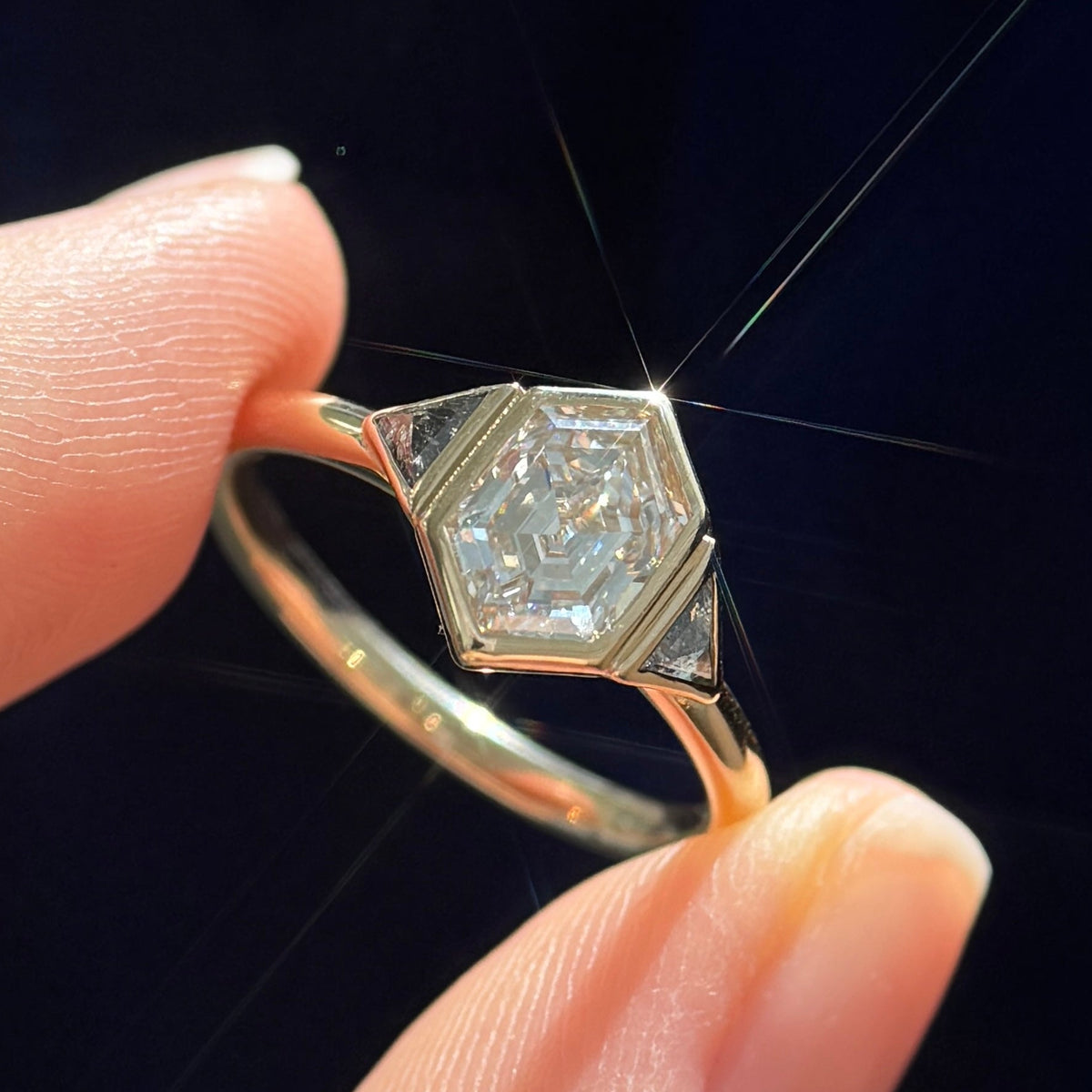 14k Yellow Gold with 6-claw-prongs Custom-Grown 1ct 8x5mm Hexagon Lab Diamond with Bezel-set 0.24ct Salt-and-pepper Triangles Diamonds Custom Ring, size 7.5