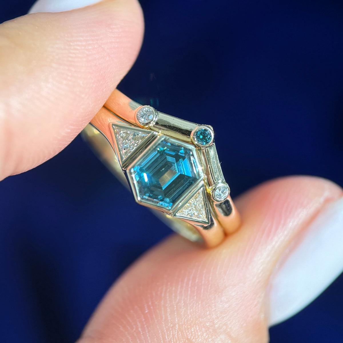 14k Yellow Gold Bezel-set ~0.75ct 5mm Wide Light Blue Hexagon Custom-grown Lab Diamond w/ 2pc Bezel-set Triangle White Diamonds on Tapered Band Custom Ring