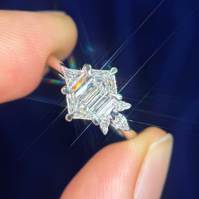 14k White Gold with 1ct Elongated Hexagon Lab Diamond with 3pc Marquise on one side and 1pc Triangle Lab Diamonds Custom Ring, size 5.5
