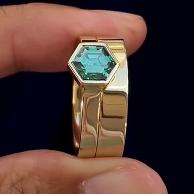 14k Yellow Gold Bezel Set Green Hexagon Moissanite on Industrial Mirror Band Custom Ring Set