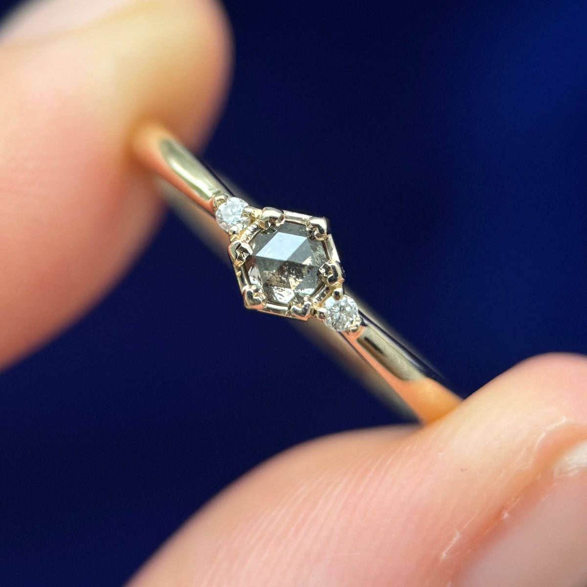14k Yellow Gold Heart-prongs-set 0.30ct Hexagon Salt and Pepper Diamond and 2pc 1.5mm Diamonds on 2mm Band, size 5.75