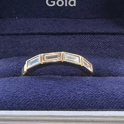 14k Yellow Gold with Milgrain Bezel-horizontal-set 4pc 4x2mm Bagguette Lab Diamonds Nesting Flush Custom Ring, size 5