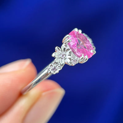 14k White Gold & 8x6mm Oval Pink Lab Sapphire with Lab Diamond Cluster and Hyacinth Flowers Custom Ring, size 9.5