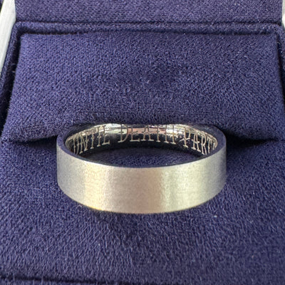 14k White Gold 5mm Industrial Matte Band Engraved inside Until death part us in custom font, size 9